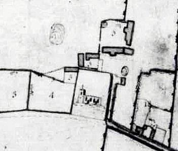 Close-up of the church dovecote and stables on the Russell Estate map of 1779 [R1/75]